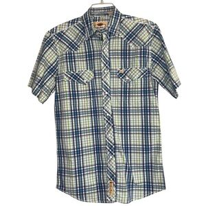 Larry Mahan Shirt Mens M Short Sleeve Blue Green Pearl Snap Plaid Cowboy Western
